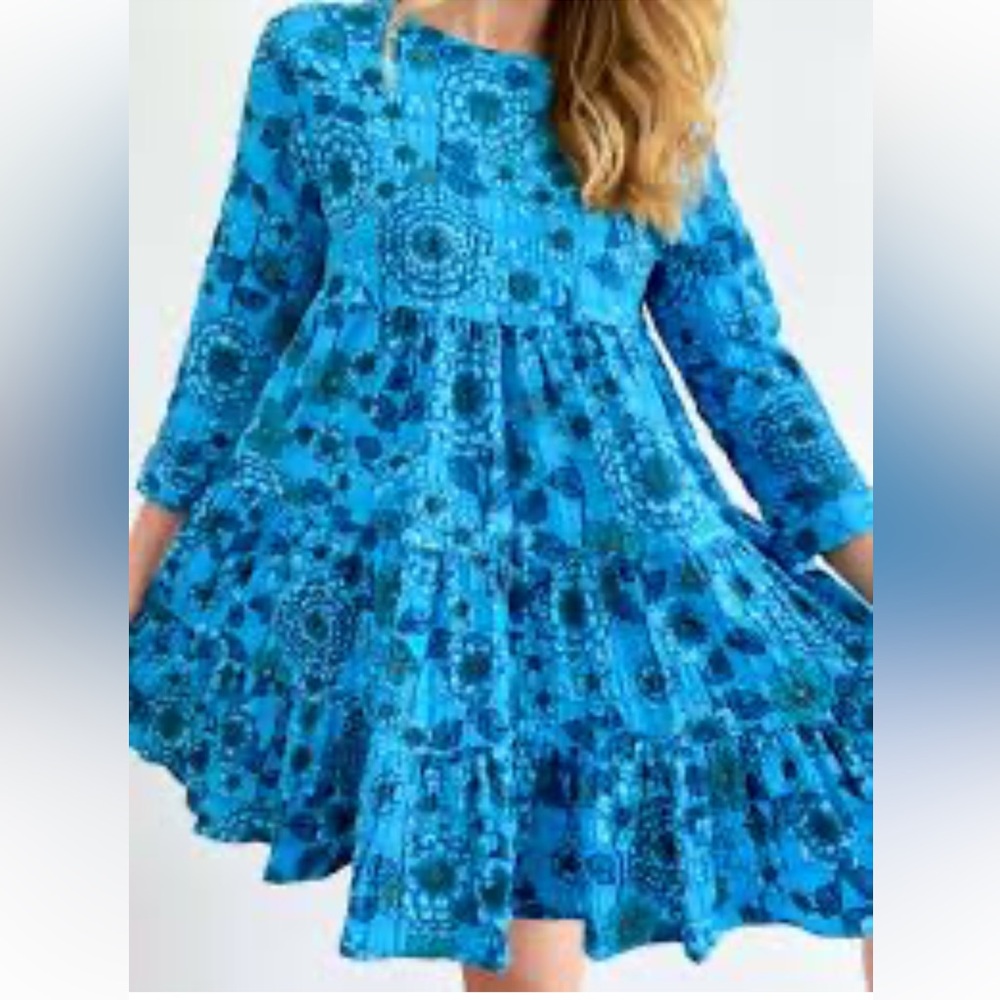 Zara Sharon Blue Floral Tiered Mini Long Sleeve Babydoll Dress Blue Size Small